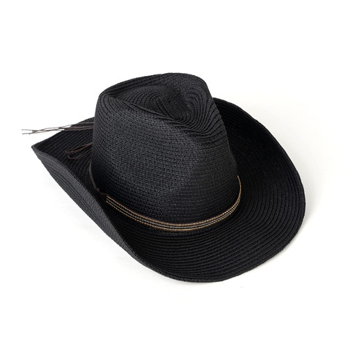 EOGIMI Western Style Classic Cowboy Straw Hat Wide Brim Cowgirl Hat with Belt Buckle P-Black