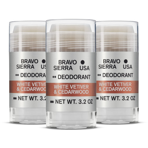 Aluminum-Free Natural Deodorant for Men by Bravo Sierra - 3 Pack (White Vetiver & Cedarwood) - Long Lasting All-Day Odor and Sweat Protection - Vegan and Baking Soda Free - Will Not Stain Clothes