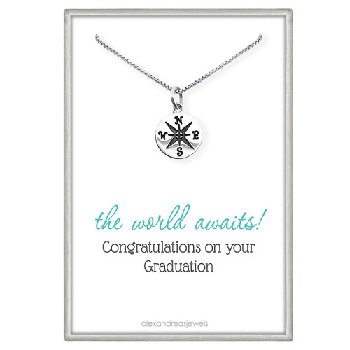 Tiny and Dainty Sterling Silver Compass Necklace for Women, Graduation Gift Necklace for Daughter Niece or Granddaughter, High School Graduation Gift (18 inches)
