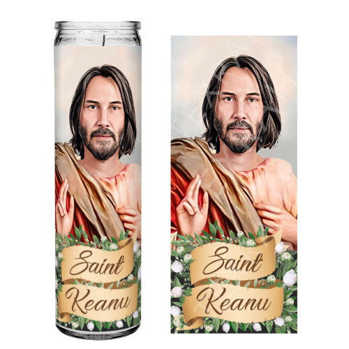 Saint Keanu Reeves Celebrity Prayer Devotional Parody Matrix | John Wick Candle, 8" white unscented Saint Keanu Reeves Celebrity Prayer Devotional Parody Matrix | John Wick Candle, 8" white unscented