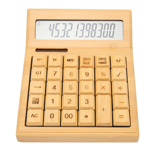 Bamboo Calculator, Solar/Battery Powered Wooden Calculator with 12 Bit Digital LCD Screen, Standard Function Desktop Calculator for Office Home School