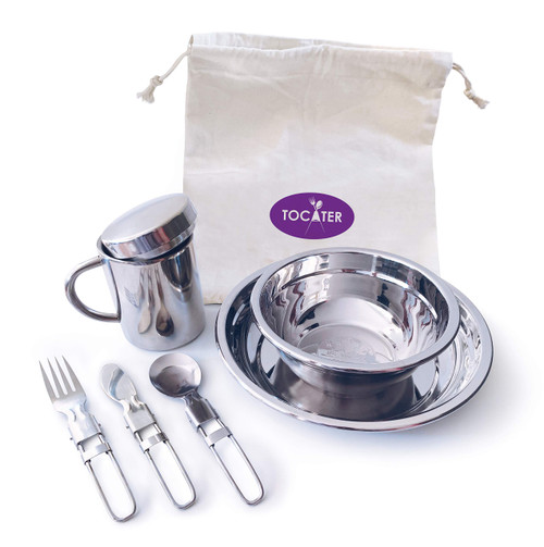Camping Stainless Steel Tableware Mess Kit. Dish Set Includes Plate, Bowl, Cup, Spoon, Fork, Knife, Cotton Bag for one Person. Perfect for Camp, Picnic, Road Trip, Backpacking and Kitchen