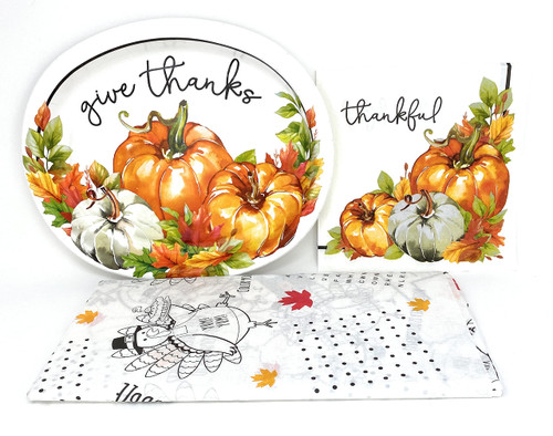 GIVE Thanks Pumpkins and Leaves Fall Harvest Thanksgiving Luncheon Dinnerware Disposable Paper Party Supplies Set - Paper Table Cover, Oval Dinner Plates and Dinner Napkins Bundle - Service for 16