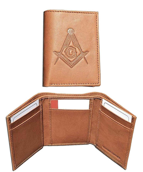 One Masonic Tan Brown Tri-Fold Leather Wallet with Masonic Compass and Square. Multiple pockets and ID compartments - wallet for Freemasons