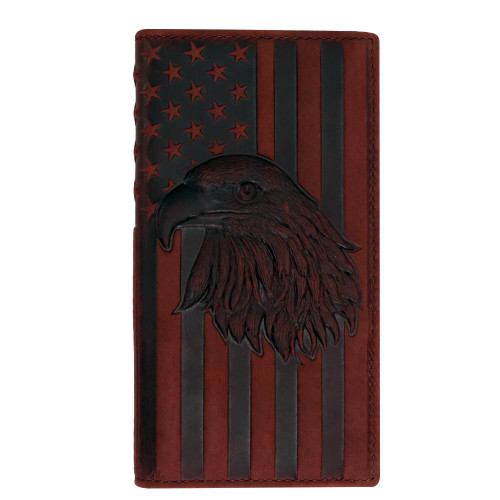 QIHEOS American Eagle and Flag Rodeo Wallet for Mens Travel Checkbook (Wine Red - Long)
