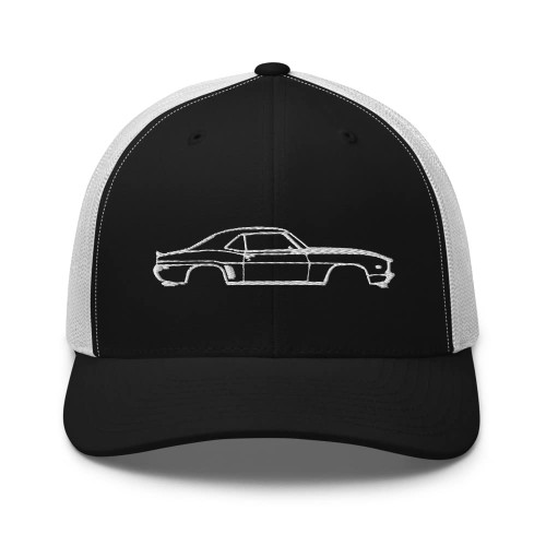 First Generation Chevy Camaro Line Art Custom Classic Car Club Muscle Cars Trucker Cap Snapback hat Black/White