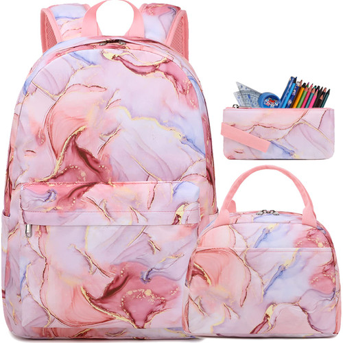 Jumpopack Backpack for Girls School Backpack for Girls Backpack for Elementary Middle School Bag for Kids Bookbag Teen Girls Backpack with Lunch Box (Marble Pink)