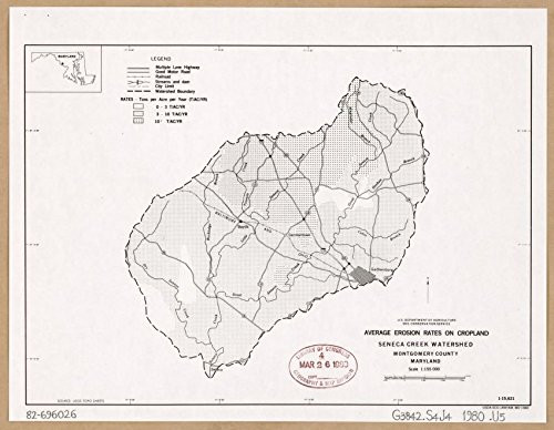 Historic Prints 18" x 24" 1980 Map of Seneca Creek Watershed Montgomery County Maryland Average Erosion Rates On Cropland
