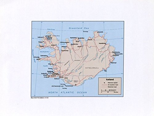Historic Prints 18" x 24" 1981 Map of Iceland National Capital Seasonal Roads