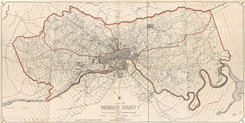 12" x 24" 1911 Map of Henrico County Virginia Showing Portions of Chesterfield County Also City of Richmond