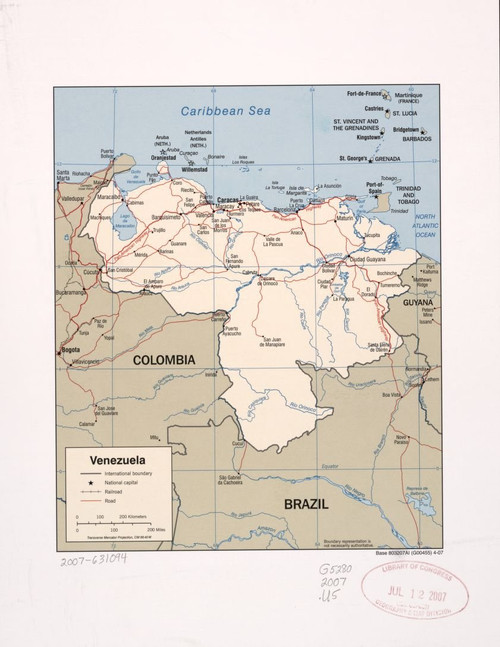 Historic Prints 18" x 24" 2007 Map of Venezuela International Boundary National Capital Railroads Roads Historic Prints 18" x 24" 2007 Map of Venezuela International Boundary National Capital Railroads Roads