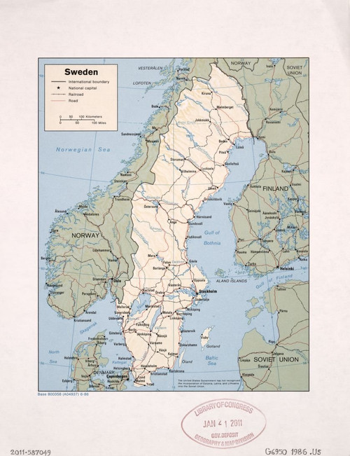 Historic Prints 18" x 24" 1986 Map of Sweden Railroads Roads Historic Prints 18" x 24" 1986 Map of Sweden Railroads Roads