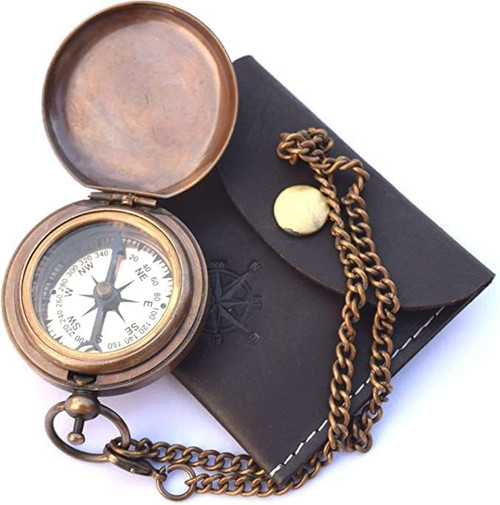 ROYAL CHOICE COLLECTION Handmade Brass Push Open Compass On Chain with Leather Case, Pocket Compass, Gift Compass