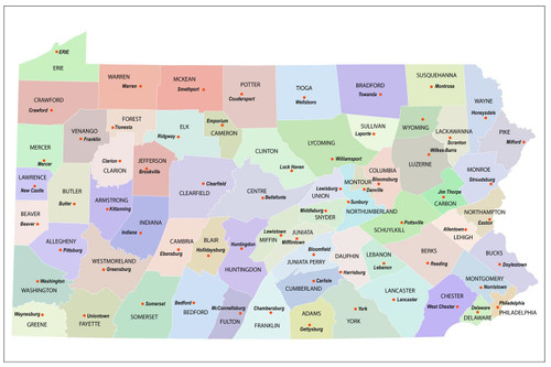 36"x24" State of Pennsylvania County Map with the County Seats ?Photo Paper?
