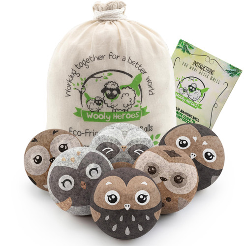 Wooly Heroes Wool Dryer Balls - Organic Eco Friendly - 6-Pack XL ~ Reusable Fabric Softener ~ with Free Natural Laundry eBook (Owl & Friends)
