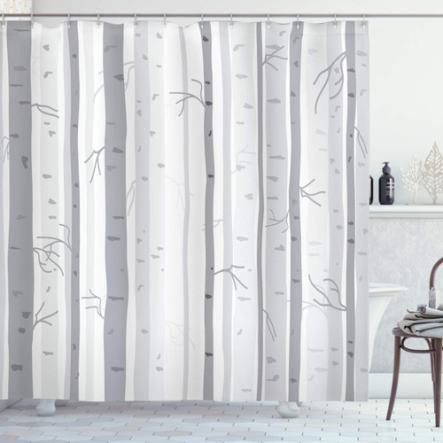Ambesonne Grey Shower Curtain, Birch Trees in Autumn Branches Forest with Soft Colors in Modern Graphic Print, Cloth Fabric Bathroom Decor Set with Hooks, 69" W x 75" L, Grey Ceil