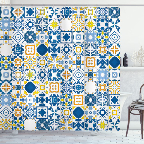 Ambesonne Yellow and Blue Shower Curtain, Mosaic Portuguese Azulejo Mediterranean Effect, Cloth Fabric Bathroom Decor Set with Hooks, 69" W x 75" L, Violet Blue Mustard