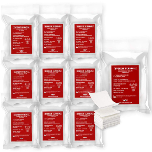 Everlit [10 Pack] Z-Folded Compressed Sterile Gauze 4.5" x 4.1 Yards, 6-Ply White Cotton, Essential First Aid and Stop The Bleed Kit Supply for Home, Medical, and Tactical Emergency Use (10)