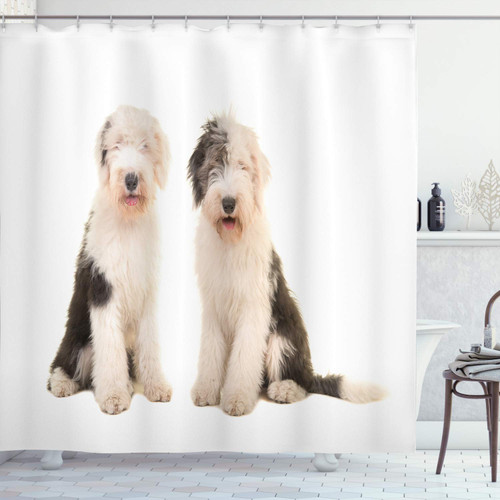 Ambesonne English Sheepdog Shower Curtain, Print of 2 Sit Shaggy Bicolour Young Adult Dog on Plain Background, Cloth Fabric Bathroom Decor Set with Hooks, 69" W x 75" L, Champagne Taupe