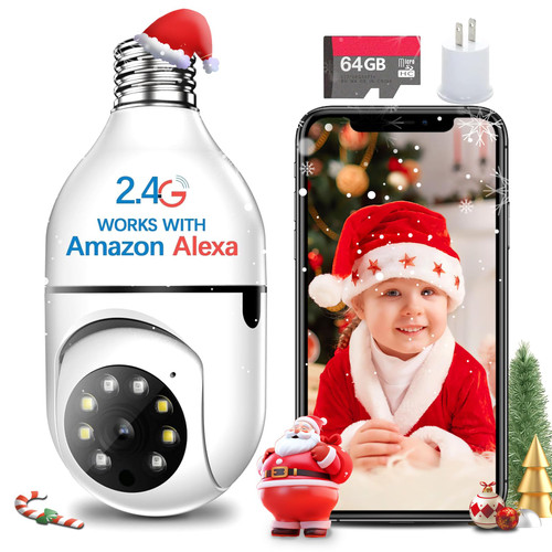 3MP Camera Light Bulb,Security Camera Light Bulb Outdoor Supports 2.4G,Keilini Light Bulb Security Camera Outdoor Wireless WiFi Waterproof, Light Bulb Camera 360 Outdoor Compatible With Alexa.