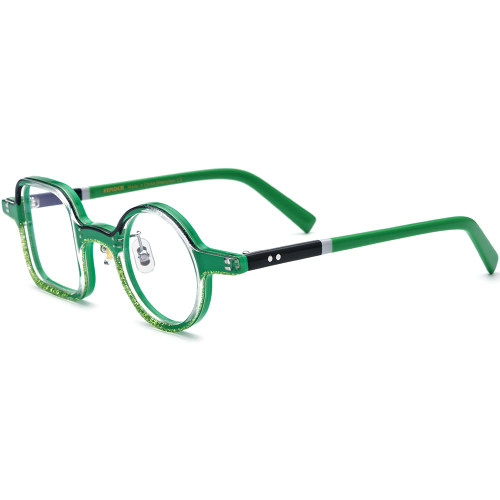 HEPIDEM Acetate Glasses Frame Men Vintage Left Round Right Square Eyeglasses Women Optical Spectacles (H9314 Green)