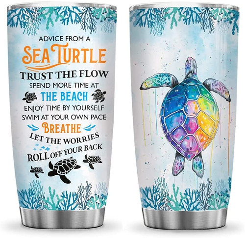 Flip Flop Beach with Turtle Inspiration Motivation Sea Beach Ocean Turtle Lover Tumbler Cup with Lid, Double Wall Vacuum Thermos Insulated Travel Coffee Mug - HAL0412006, Tumbler 20oz/30 oz, BPA Free