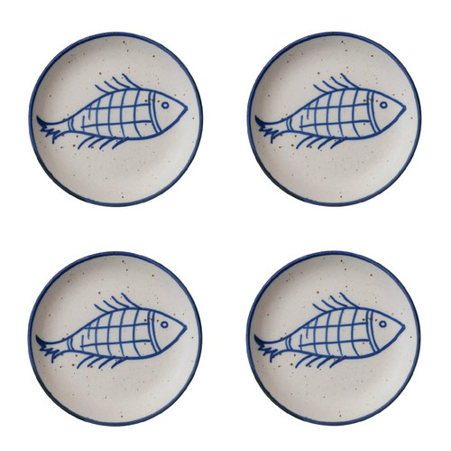 Creative Co-Op Hand Painted Stoneware Fish Design, Set of 4, Multicolor Plate, Blue