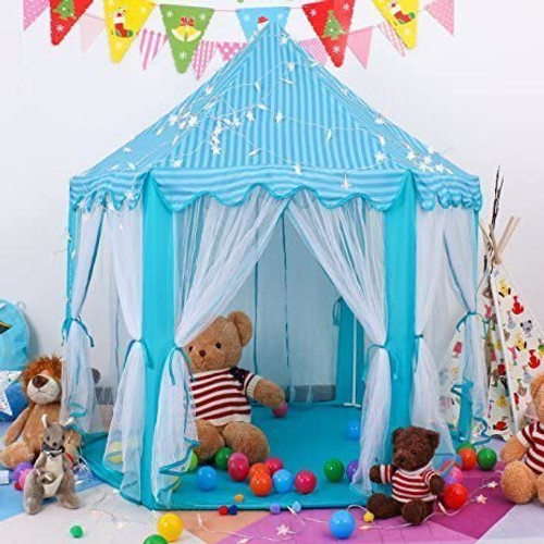Princess Fairy Tale Castle Play Tent,Portable Fun Perfect Hexagon Playhouse Toys with LED Lights(X-Large,Blue)