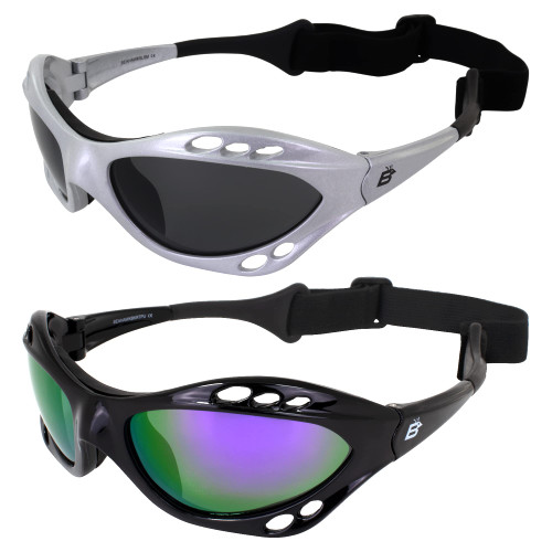 Birdz 2 Pairs Seahawk Padded Polarized Sunglasses w/Strap Water Sports Surfing Kayaking Jetski Silver w/Smoke Lens Black w/Purple Mirror Lens