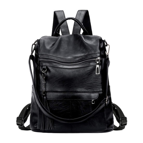 Mynos Anti-theft Backpack Purse For Women PU Leather Tassel Fashion Ladies Travel Daypack Rucksack Shoulder Handbag Tote (Black)