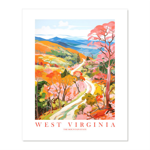 West Virginia Travel Print Mountain State Souvenir WV Country Road Pink Orange Wall Art Landscape Poster (16x20 inches)