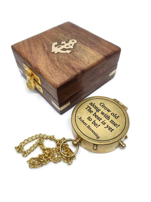 WAVE NAUTICAL - Antique Brass Pocket Compass with Wooden Box Grow Old with Me Compass Brass Compass 2" Nautical Vintage Engraved Compass Directional Magnetic Pocket Compass Gift