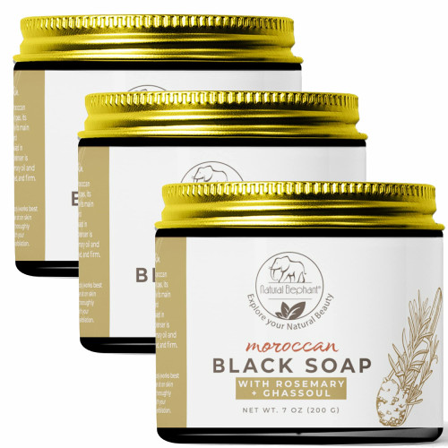 Natural Elephant Moroccan Black Soap With Rosemary Essential Oil and Ghassoul Clay 200g (7oz) Pack of 3