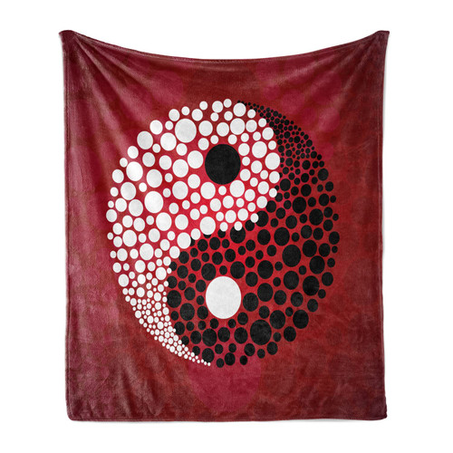 Ambesonne Ying Yang Soft Flannel Fleece Throw Blanket, Abstract Graphic Design Yin Yang Circle Black and White Dots Pattern Cosmos and Energy, Cozy Plush for Indoor and Outdoor Use, 50" x 60", Red