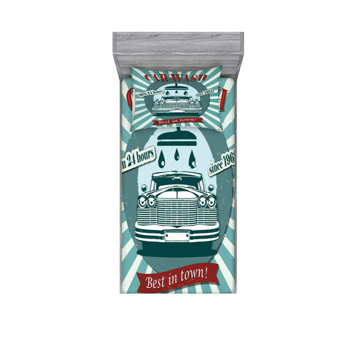 Ambesonne Retro Fitted Sheet & Pillow Sham Set, Vintage Graphic Design for a Car Wash Sign Commercial Aged Classic Vintage Arsty, Decorative Printed 2 Piece Bedding Decor Set, Twin, Red Teal