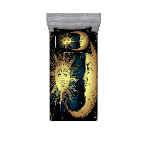Ambesonne Psychedelic Fitted Sheet & Pillow Sham Set, Moon and Sun in Antique Style Lunar Myth Astrology Art Print, Decorative Printed 2 Piece Bedding Decor Set, Twin, Petrol Blue Yellow