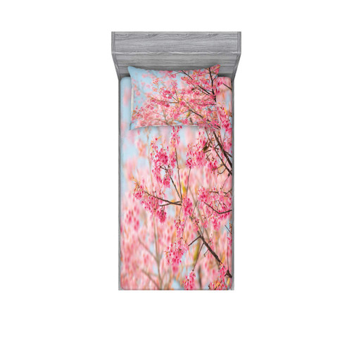 Ambesonne Floral Fitted Sheet & Pillow Sham Set, Japanese Sakura Cherry Blossom Branches Full of Spring Beauty Picture, Decorative Printed 2 Piece Bedding Decor Set, Twin, Blue Pink