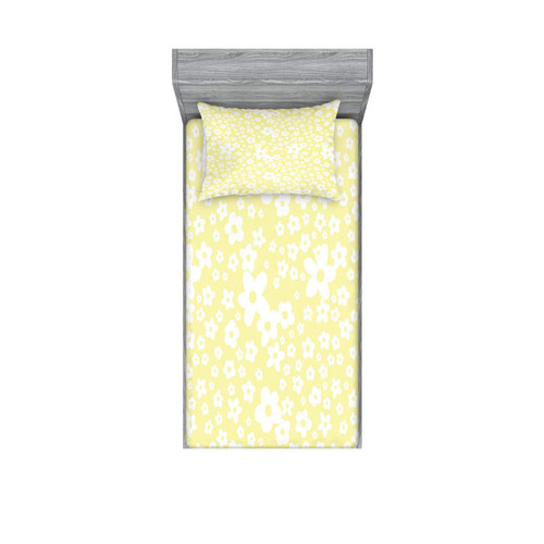 Ambesonne Floral Fitted Sheet & Pillow Sham Set, Graphic Daisy Blossoms Design on Yellow Background Spring Flowers Artwork, Decorative Printed 2 Piece Bedding Decor Set, Twin, Yellow and White
