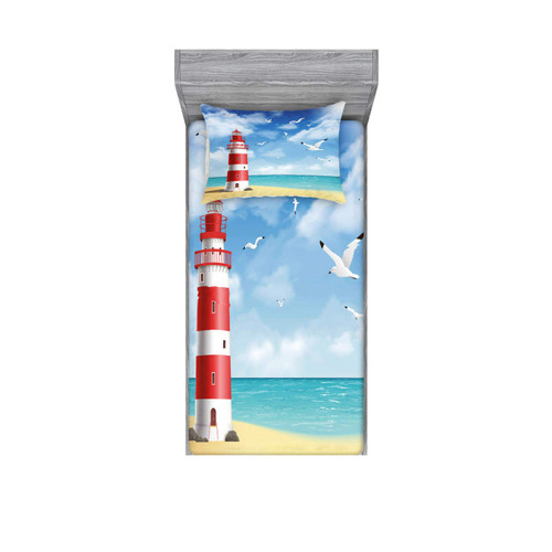 Ambesonne Beach Fitted Sheet & Pillow Sham Set, Realistic Illustration Lighthouse on Calm Seashore Flying Seagulls Ocean Scenery, Decorative Printed 2 Piece Bedding Decor Set, Twin, Vermilion Blue