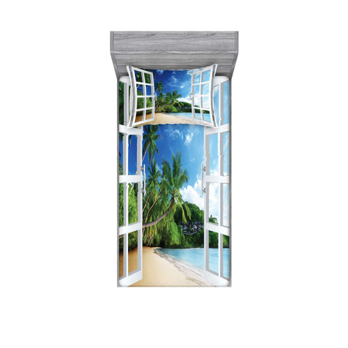 Ambesonne Tropical Fitted Sheet & Pillow Sham Set, Lush Greenery Island Vegetation Rainforest from Apartment Window View of Paradise, Decorative Printed 2 Piece Bedding Decor Set, Twin, Multicolor