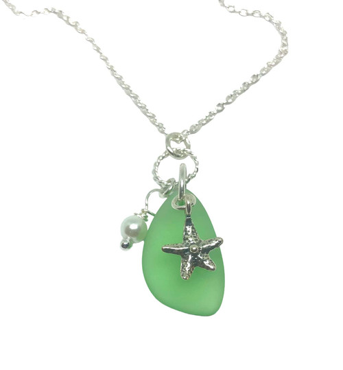 Sterling Silver SEA GLASS Charm Necklace - Light Green Cultured Sea Glass - Sterling Silver 18" chain - With Pearl and Starfish Charms -Nautical Beach Jewelry - Sea Foam Green Beach Glass Necklace