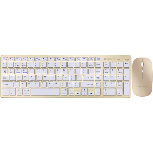 TERKIMOT Bluetooth Keyboard and Mouse, Rechargeable Dual-Mode (Bluetooth + 2.4G) Wireless Keyboard and Mouse Combo, Multi-Device Full-Size Ultra Slim Keyboard for iPad, Mac, iOS, Windows (Gold)