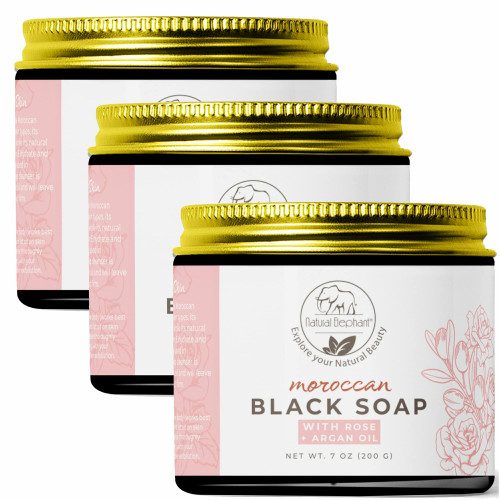 Natural Elephant Moroccan Black Soap With Rose and Argan Essential Oil 200g (7oz) Pack of 3