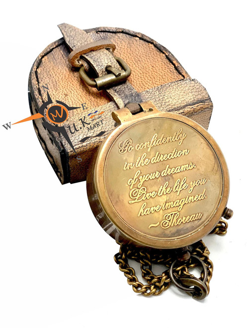 Handmade 2 inch Brass Compass with Leather Case Nautical Compass with Chain (Go Confidently)