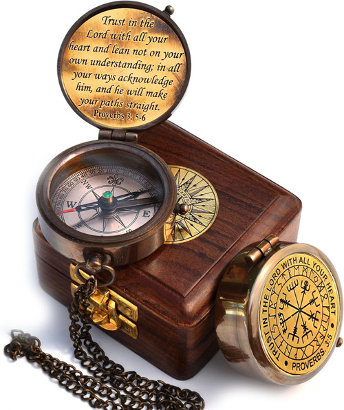 Trust in The Lord with All Your Heart Proverbs 3: 5-6 Quote Engraved Compass with Wooden Box Baptism Gifts Compass for Women Mens Boy Girls
