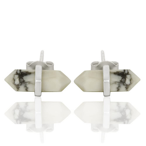 PANOPLY Pencil Double Pointed Gemstone Stud Earrings- 925 Sterling Silver- Minimalist Studs- Gemstone Pencil shape Stud- Crystal Stud Gift For Her (Howlite-Silver)