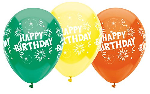 PartyMate 48026 Happy Birthday Bursts Printed 12-Inch Latex Balloons, 6-Count, Assorted Colors
