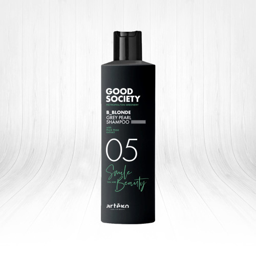 Artego Good Society 05 B_Blonde Grey Pearl shampoo 250ml gently cleanses the hair and neutralizes unwanted YELLOW-ORANGE undertones for a cooler tone.