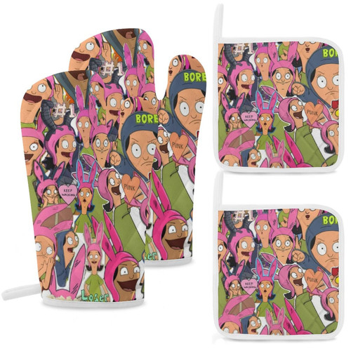 Bobs Louise Burgers Oven Mitts and Pot Holders Set Heat Resistant Oven Gloves with Pothholder for Baking, Cooking