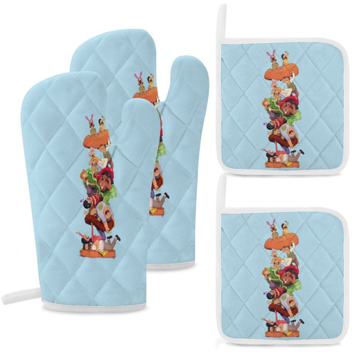 Burgers Family Oven Mitts and Pot Holders Set Heat Resistant Oven Gloves with Pothholder for Baking, Cooking
